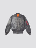 Alpha Industries MA-1 Bomber Jacket, gray with orange lining, front zipper, ribbed cuffs and hem, red tag on left sleeve pocket.