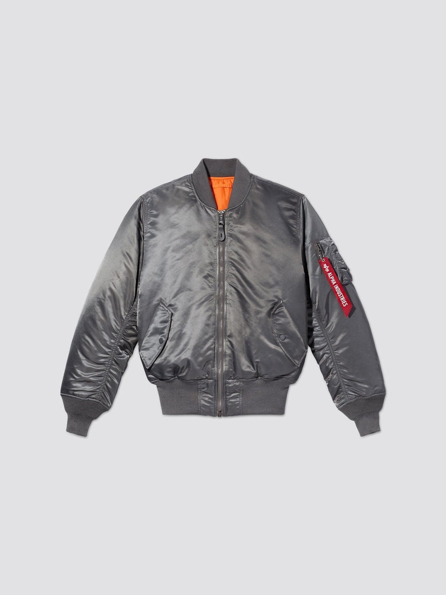 Front view of MA-1 Bomber Jacket (Heritage) in Sliver (Gunmetal). By Alpha Industries.
