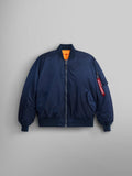 Alpha Industries MA-1 Bomber Jacket, navy blue flight nylon with front zipper, orange lining, ribbed cuffs and hem, zippered sleeve pocket.
