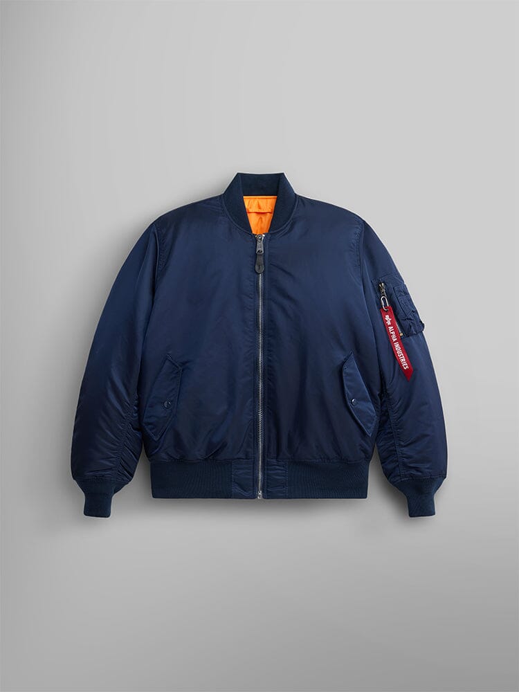 Front view of MA-1 Bomber Jacket (Heritage) in Dark Blue (Replica Blue). By Alpha Industries.