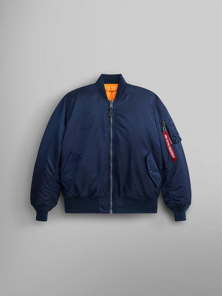 Front view of MA-1 Bomber Jacket (Heritage) in Dark Blue (Replica Blue). By Alpha Industries.