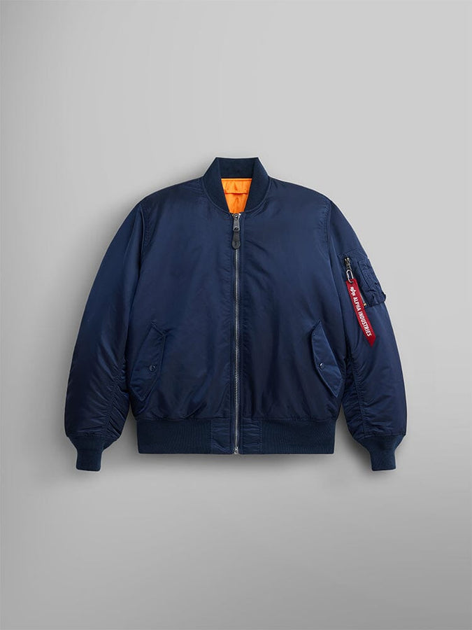 Front view of MA-1 Bomber Jacket (Heritage) in Dark Blue (Replica Blue). By Alpha Industries.