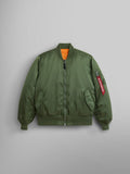Alpha Industries MA-1 bomber jacket in sage flight nylon with front zipper, ribbed cuffs and hem, orange lining, sleeve zip pocket.