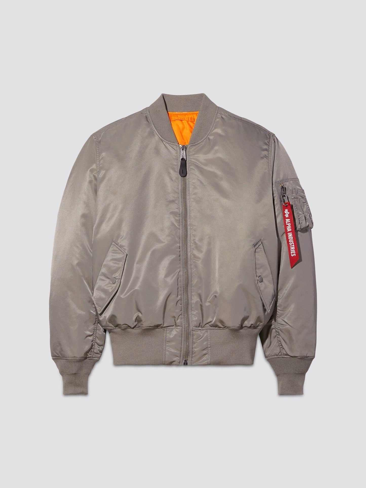 Front view of MA-1 Bomber Jacket (Heritage) in Gray. By Alpha Industries.
