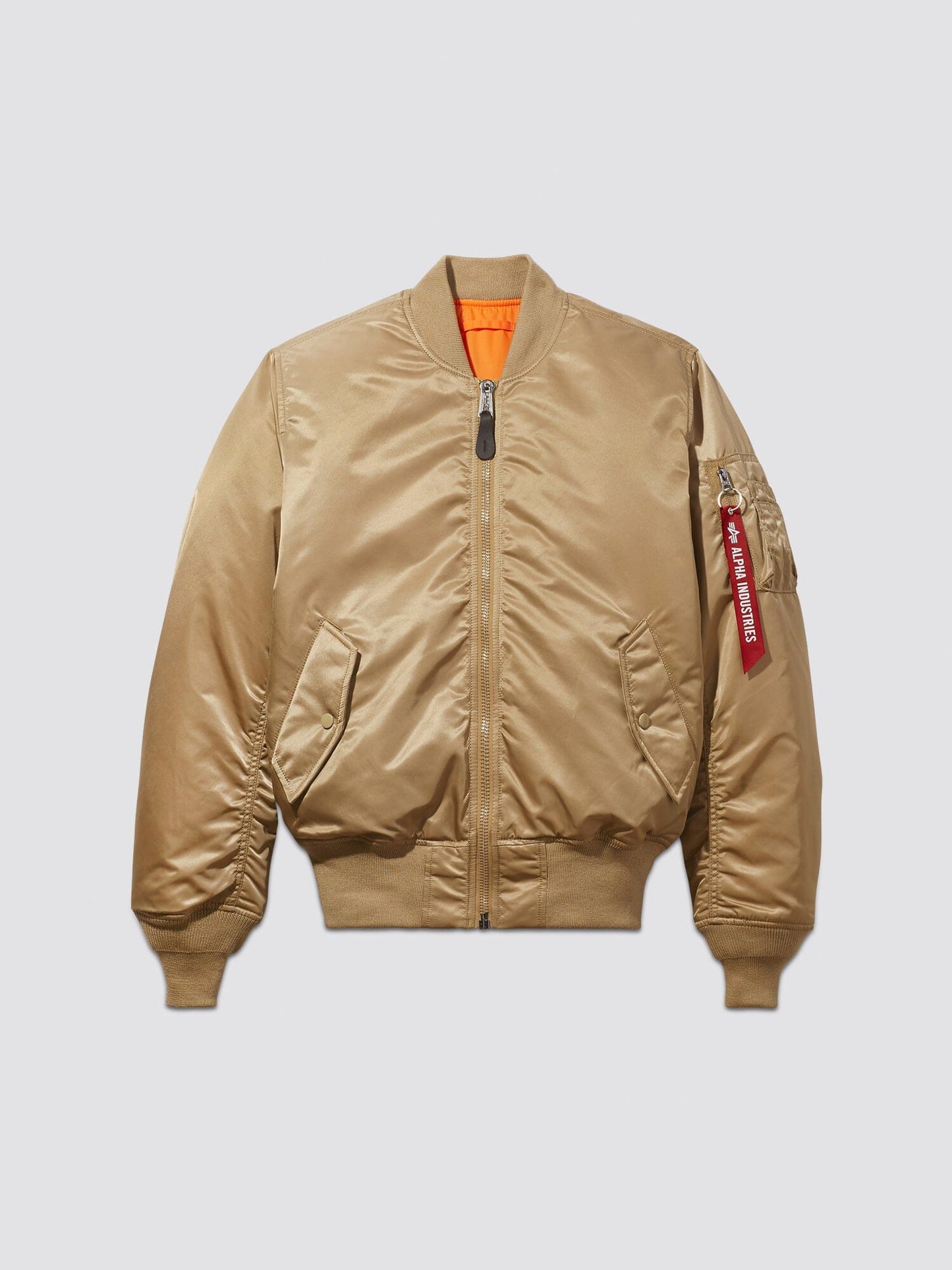 Front view of MA-1 Bomber Jacket (Heritage) in Khaki (Vintage). By Alpha Industries.