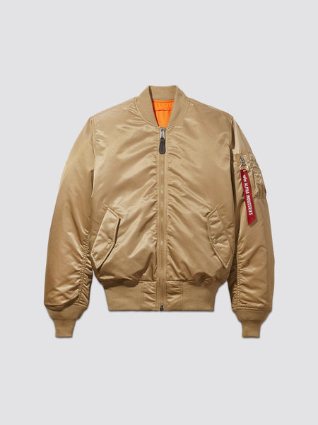Front view of MA-1 Bomber Jacket (Heritage) in Khaki (Vintage). By Alpha Industries.