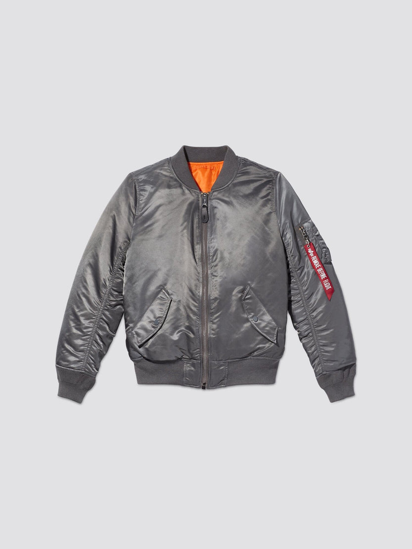 Alpha Industries MA-1 Bomber Jacket W in Gunmetal, front zipper, ribbed cuffs and hem, two front pockets, orange lining, zippered left sleeve pocket with red tag.