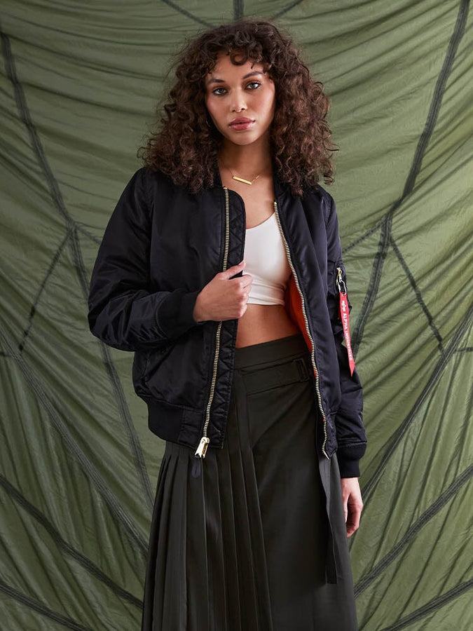 Alpha Industries MA-1 Bomber Jacket W, black, features zip closure and classic design.