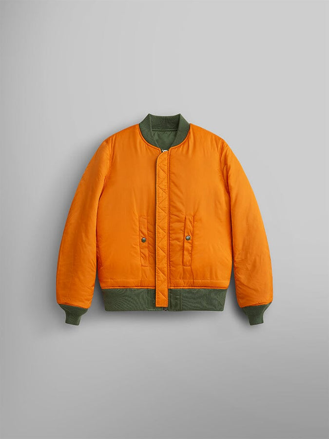 Alpha Industries MA-1 Bomber Jacket W, orange with green ribbed cuffs, collar, waistband, front snap closure, and two front pockets.