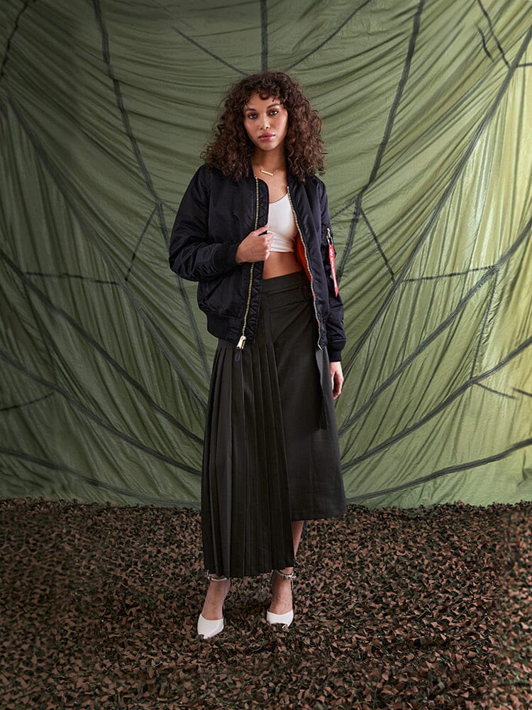 Alpha Industries MA-1 Bomber Jacket Womens in black with zip closure and ribbed cuffs.