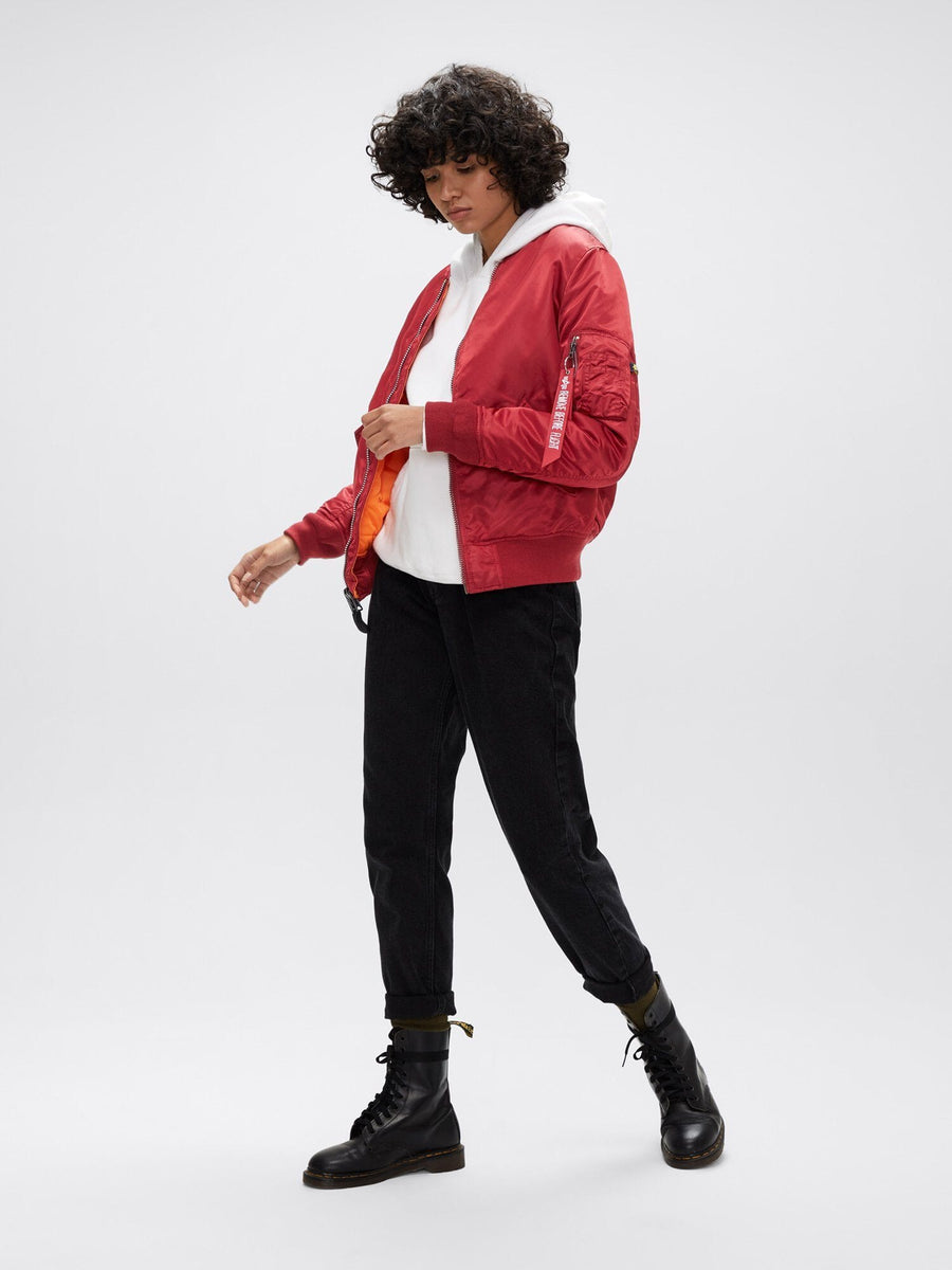 Alpha Industries MA-1 Bomber Jacket W, red, with front zip closure.