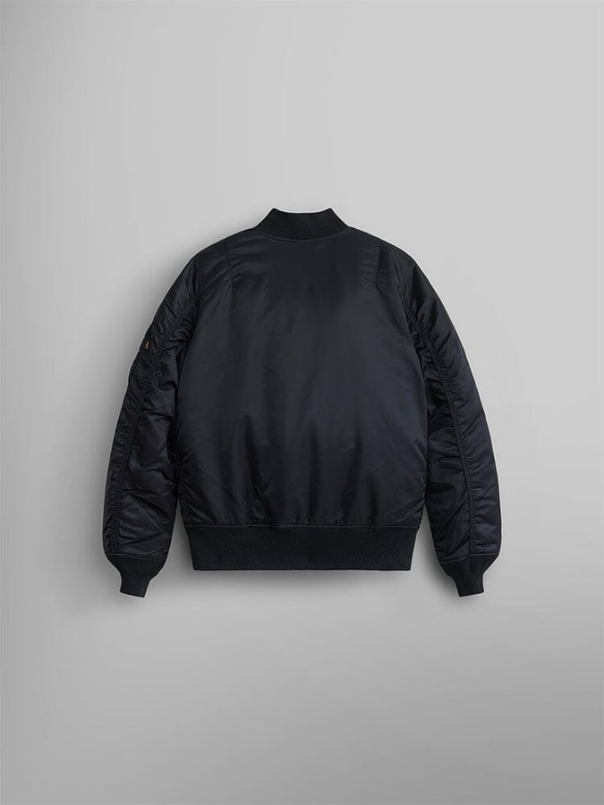 Alpha Industries MA-1 Bomber Jacket W in black with ribbed collar, cuffs, and hem.