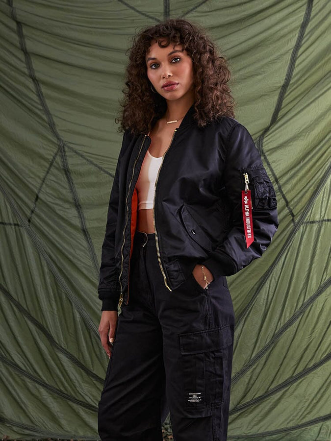 Alpha Industries MA-1 Bomber Jacket W in black, nylon material, front zipper closure.