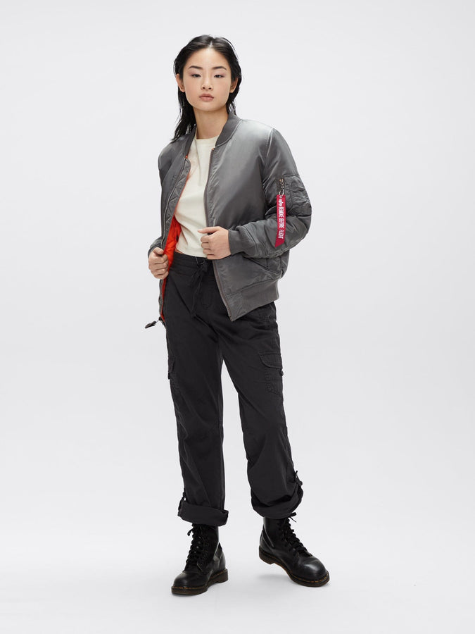 Alpha Industries MA-1 Bomber Jacket W in gray with front zipper closure.