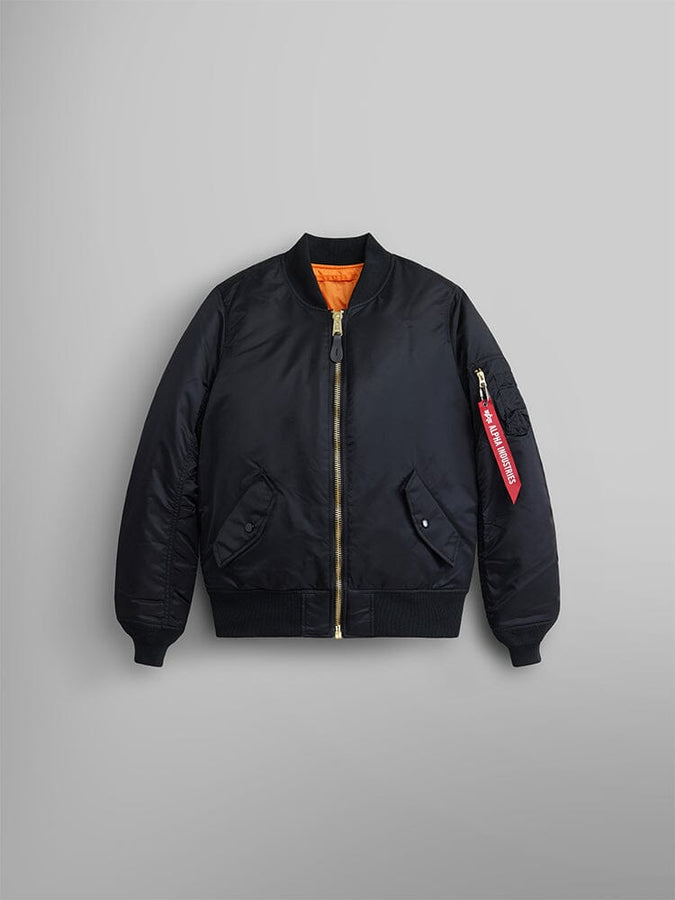 Alpha Industries MA-1 Bomber Jacket W, black, front zipper, orange lining, side pockets, red Remove Before Flight tag on left sleeve.