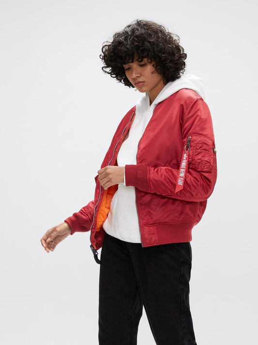 Alpha Industries MA-1 Bomber Jacket, Commander Red, nylon material, front zipper closure, ribbed cuffs and hem.
