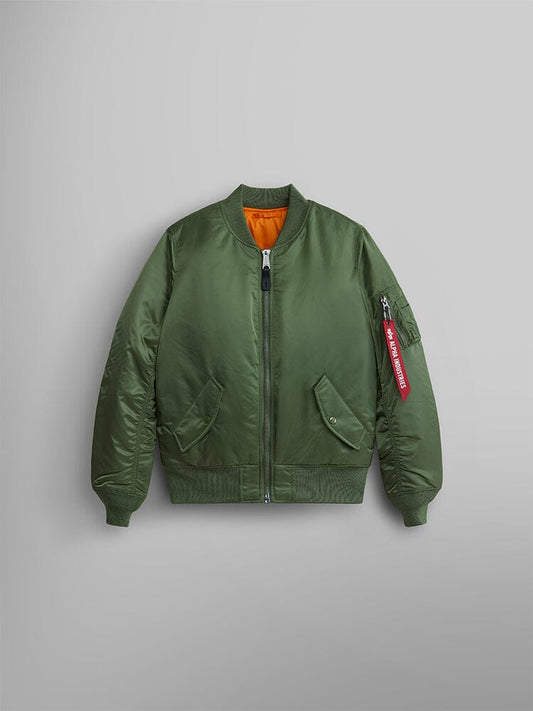 Alpha Industries MA-1 Bomber Jacket W, front zipper, two flap pockets, orange lining, red Remove Before Flight sleeve tag.
