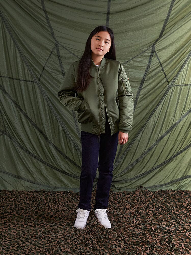 MA-1 Bomber Jacket Y by Alpha Industries, green, with front zipper closure.
