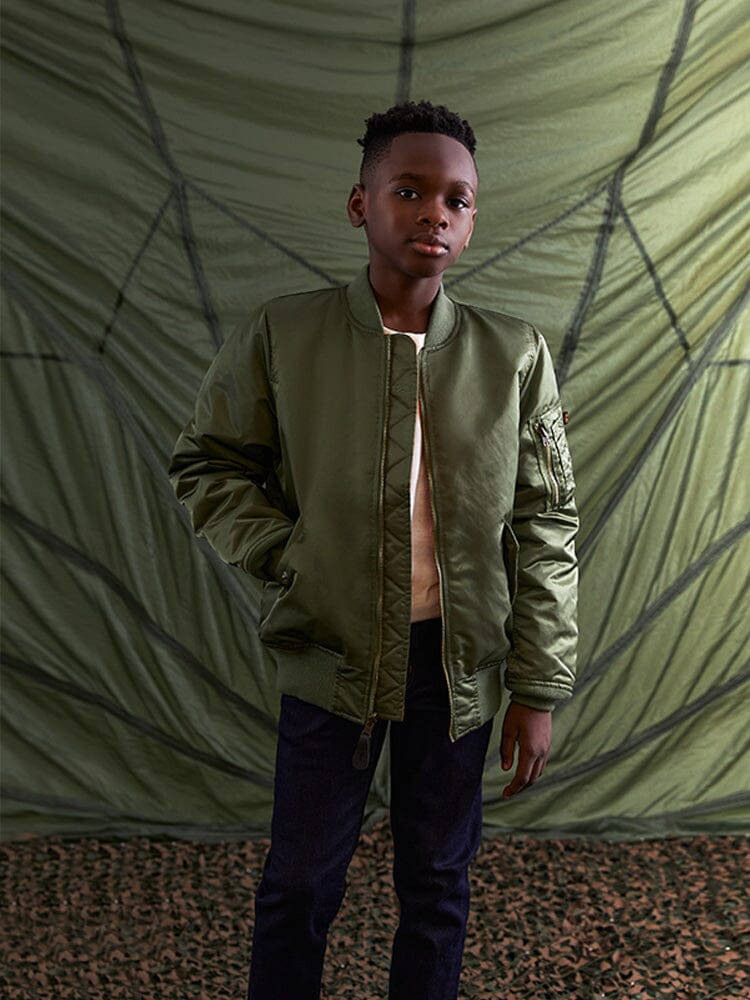 Alpha Industries MA-1 Bomber Jacket Y, dark color, features zip closure.