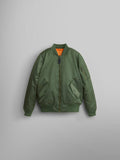 Alpha Industries MA-1 Bomber Jacket Y in sage green, front zipper, utility sleeve pocket, side pockets, ribbed cuffs and hem, orange lining.