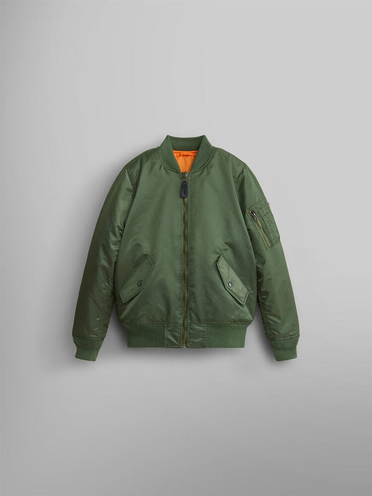 Alpha Industries MA-1 Bomber Jacket Y in sage green, front zipper, utility sleeve pocket, side pockets, ribbed cuffs and hem, orange lining.