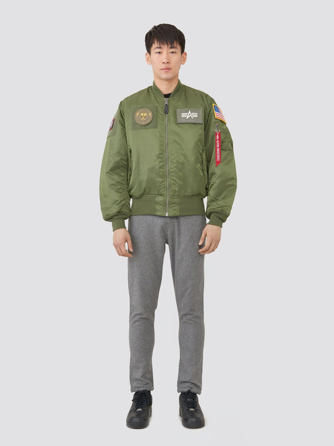 Alpha Industries MA-1 Flex Bomber Jacket with patches, zip closure, nylon material, black color.