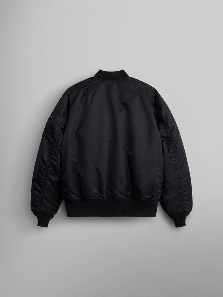 Alpha Industries MA-1 Mod Bomber Jacket in black with ribbed cuffs, collar, hem, and classic utility pocket.