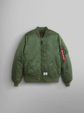 MA-1 Mod Bomber Jacket by Alpha Industries in olive green, water-resistant fabric, front zipper, ribbed cuffs and hem, utility pocket.