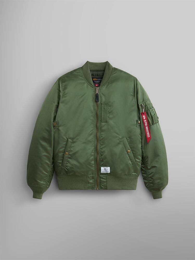 MA-1 Mod Bomber Jacket by Alpha Industries in olive green, water-resistant fabric, front zipper, ribbed cuffs and hem, utility pocket.