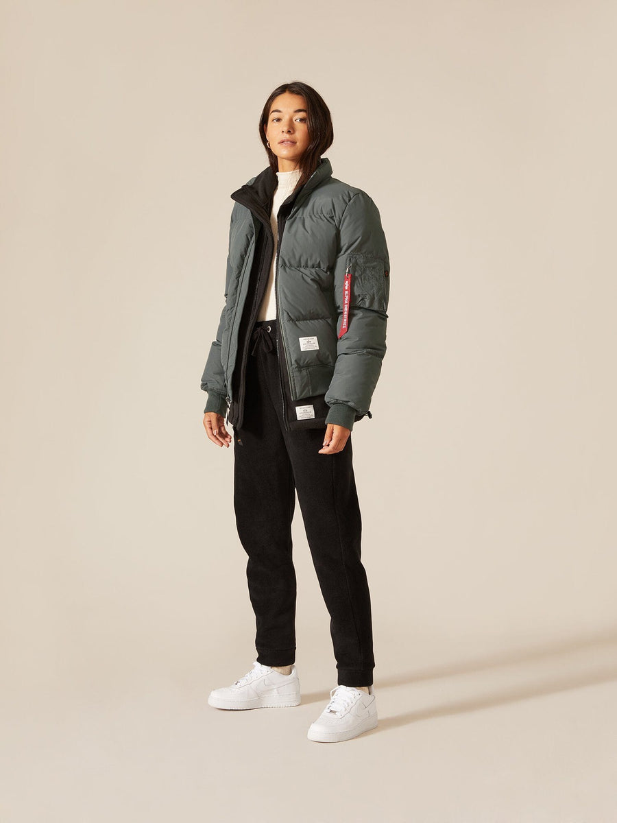 Alpha Industries MA-1 Quilted Bomber Jacket in green with quilted design and front zipper closure.