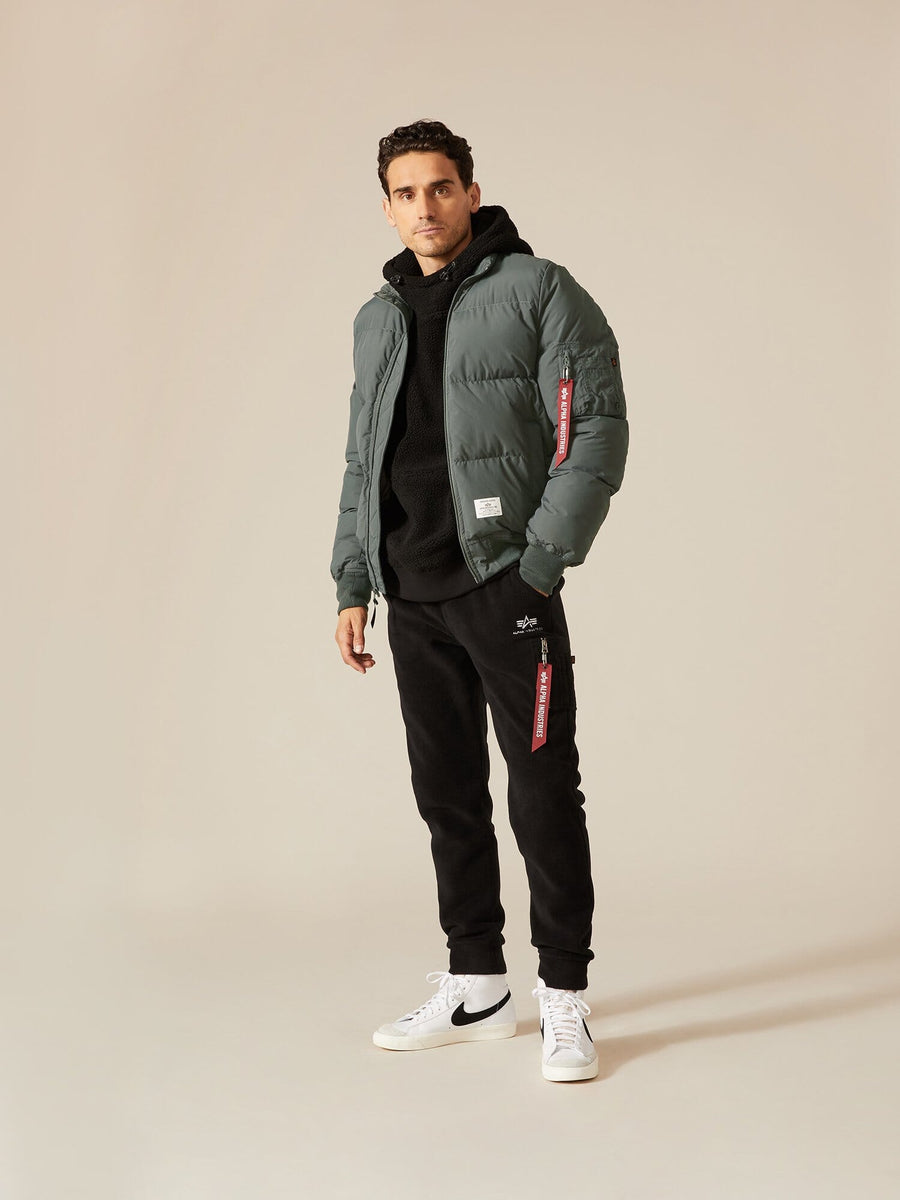 Alpha Industries MA-1 Quilted Bomber Jacket, gray, quilted nylon, front zipper closure.