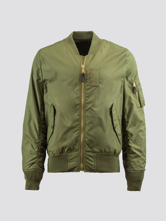 Alpha Industries MA-1 Skymaster Bomber Jacket in Sage Green with Front Zipper, Ribbed Cuffs and Hem, Zippered Sleeve Pocket.