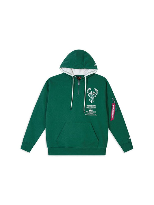The Milwaukee Bucks x Alpha Industries x New Era Hoodie by Alpha Industries comes in a dark green color and showcases a Milwaukee Bucks logo. It boasts a front pocket, drawstrings, and a zippered sleeve pocket with a red tag. Made from heavyweight fleece, this quarter zip pullover artfully merges style with comfort.