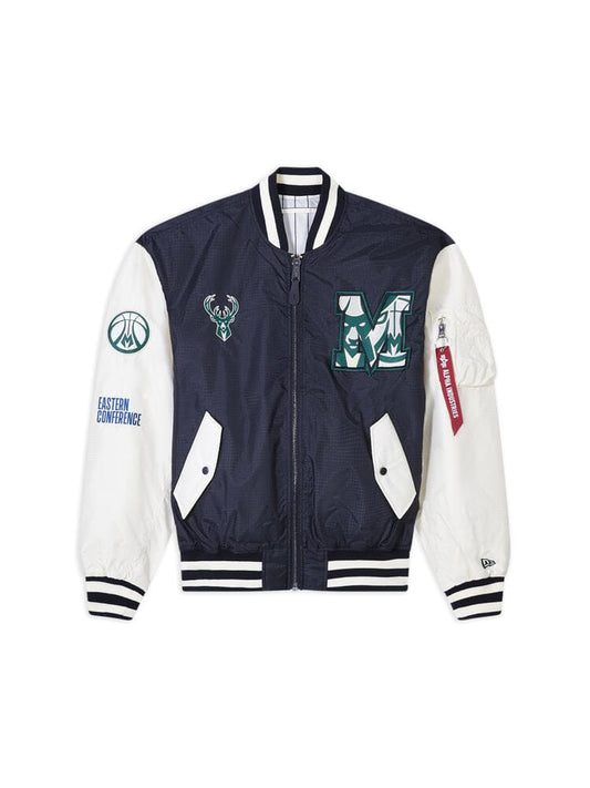The Milwaukee Bucks X Alpha Industries X New Era L-2B Bomber Jacket by Alpha Industries and NE-NBA features basketball-themed team patches, including a deer logo, letter M, and Eastern Conference text. This black NBA bomber jacket is perfect for fans, offering a sleek design that showcases your love for the game.