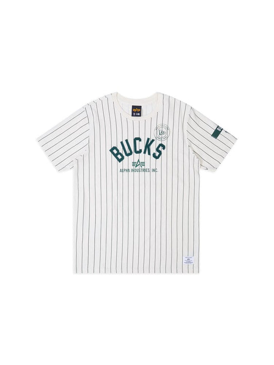 Milwaukee Bucks x Alpha x New Era Tee in White, Featuring "Bucks 34" and "Alpha Industries Inc." on the Front, Made with Meshback Fabrication for Breathability.