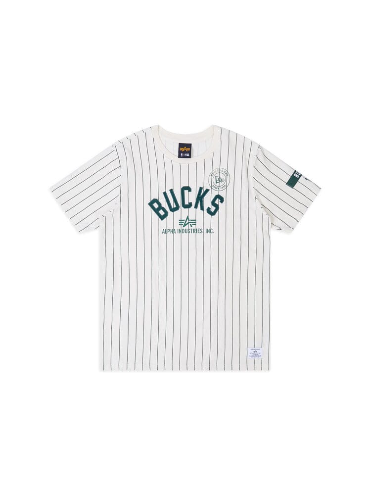 Milwaukee Bucks x Alpha x New Era Tee in White, Featuring "Bucks 34" and "Alpha Industries Inc." on the Front, Made with Meshback Fabrication for Breathability.