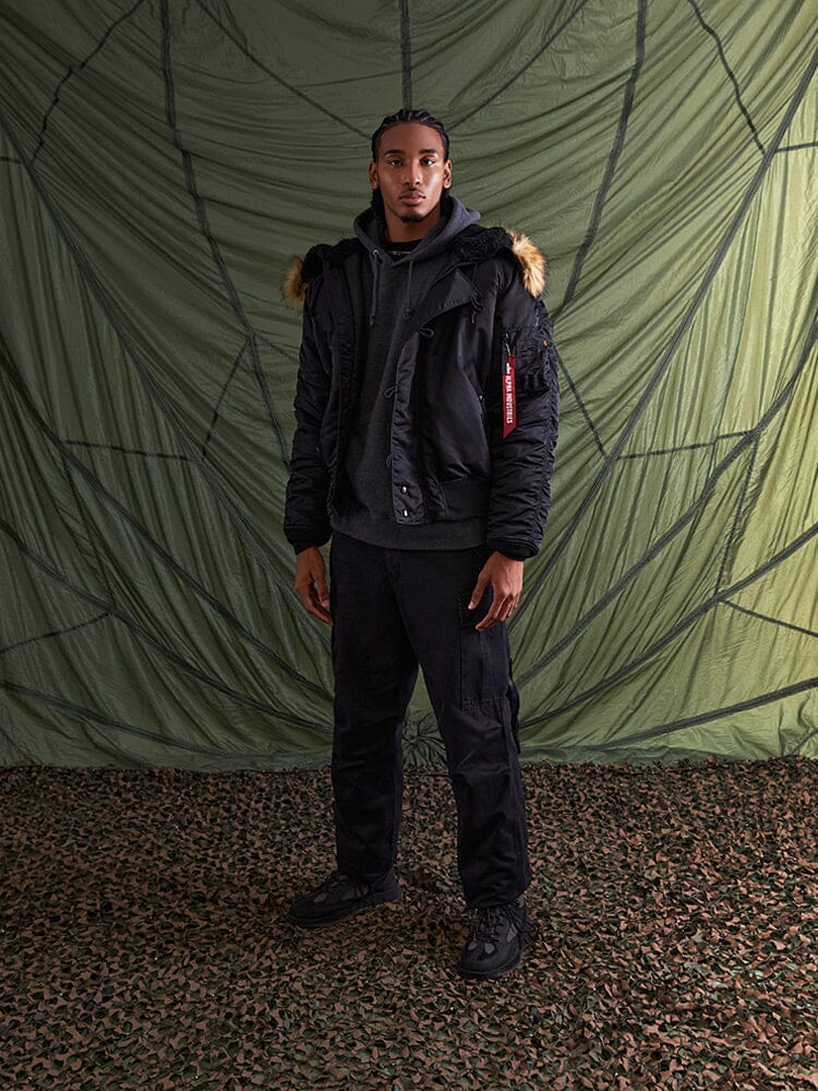 Alpha Industries N-2B Short Waist Parka with faux mouton fur-trimmed hood.