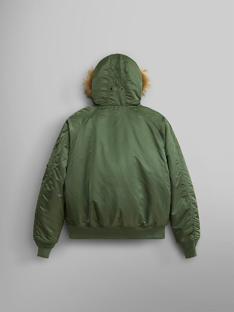Alpha Industries N-2B Short Waist Parka, green, hooded, faux mouton fur trim.