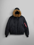Alpha Industries N-2B Short Waist Parka in black, bomber jacket with faux mouton fur-lined hood, water repellent finish, ribbed cuffs, button and zip closures, red Remove Before Flight sleeve tag.