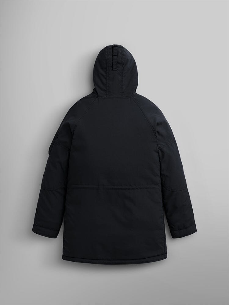 The N-3B Altitude Mod Parka W by Alpha Industries, Inc., boasting a snorkel hood, is showcased from the back view.