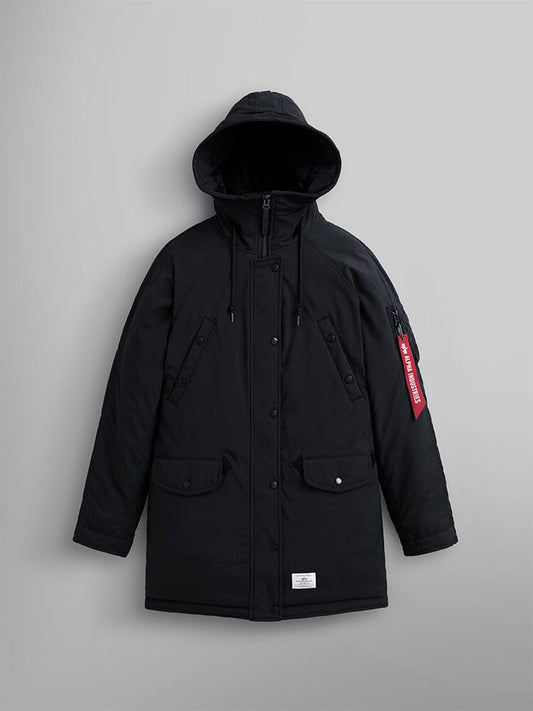 Alpha Industries, Inc. presents the N-3B Altitude Mod Parka W, a water-resistant black hooded parka jacket inspired by the US Navy. This stylish piece features a snorkel hood, zipper and snap-button front, two flap pockets, and a distinctive red tag on the arm.