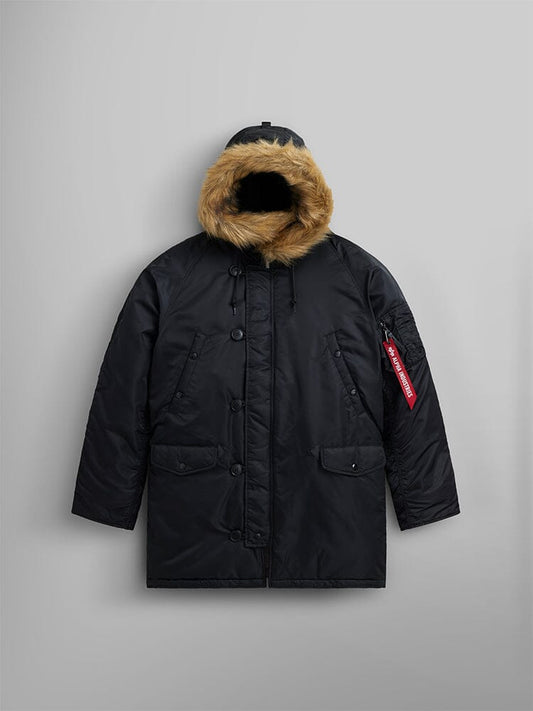 Alpha Industries N-3b Parka, black, water-resistant finish, fur-lined snorkel hood, front button closure, two large front pockets, red tag on left sleeve.