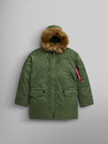 Alpha Industries N-3B Parka in Sage Green with fur-lined snorkel hood, front button closure, large pockets, and red sleeve tag.