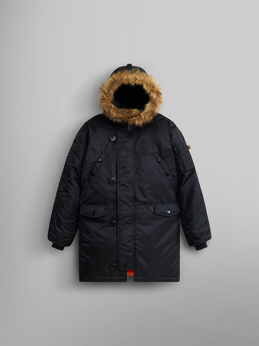 Alpha Industries N-3b Parka Youth, Black, water-resistant coat with fur-lined hood, button and zip closure, long sleeves, multiple pockets.