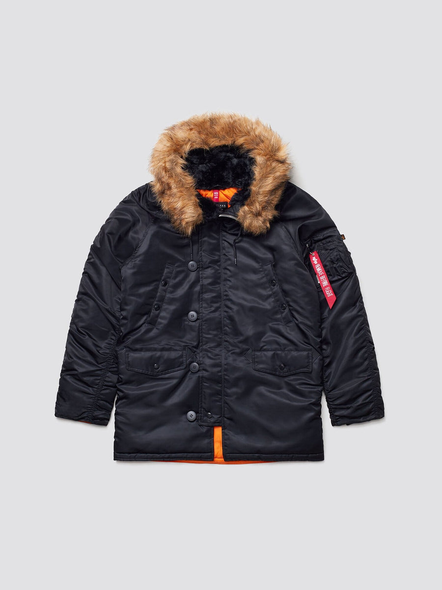 Alpha Industries N-3B Slim Gen I Parka, fur-lined hood, water-resistant fabric, front button closure, multiple pockets, red sleeve tag.