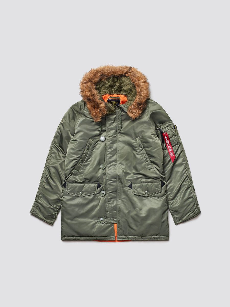 Alpha Industries N-3B Slim Gen I Parka, olive green, fur-lined hood, water-resistant fabric, front button and zipper closure, two front pockets, red tag on left sleeve.