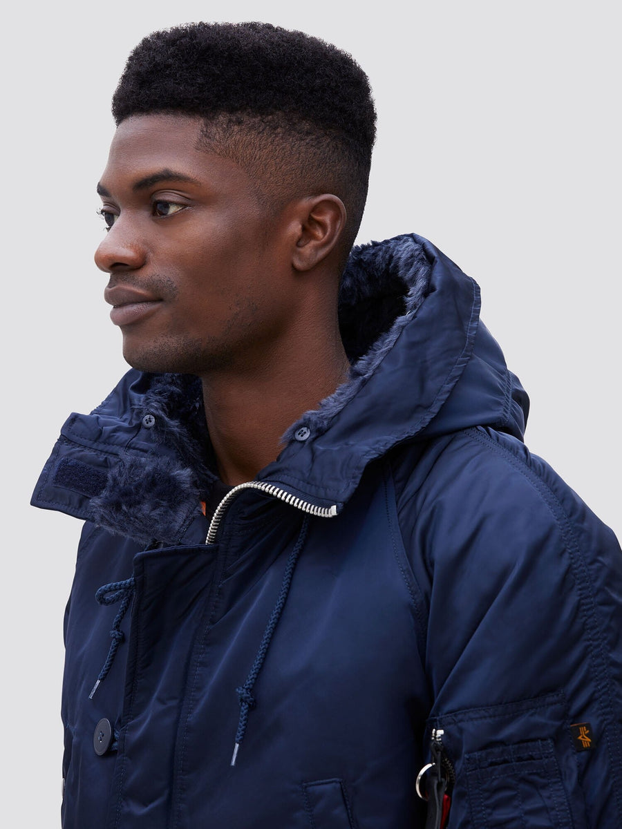 Alpha Industries N-3B Slim Gen I Parka, navy blue, faux fur lining, MA-1 utility pocket.