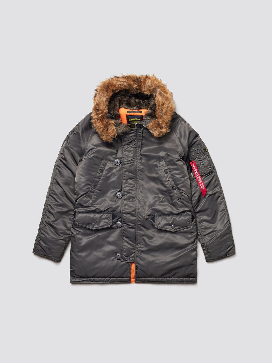 Alpha Industries N-3B Slim Gen I Parka, dark gray, fur-trimmed hood, front buttons, flap pockets, red sleeve tag.