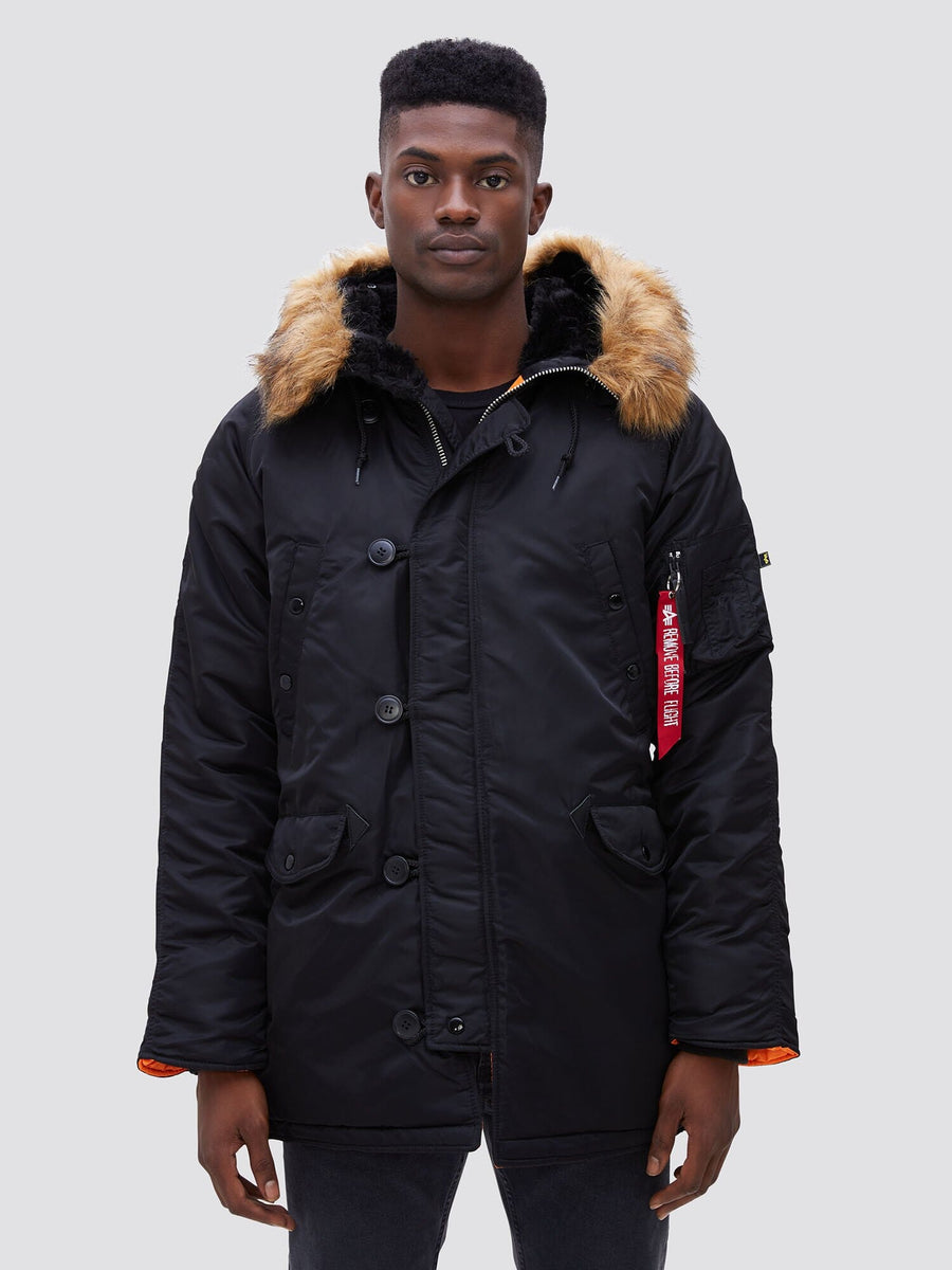 Alpha Industries N-3b Slim Gen I Parka, Black, Fur-Trimmed Hood, Button and Zip Front, Red Sleeve Tag.
