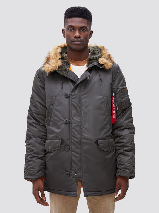 Alpha Industries N-3B Slim Gen I Parka, Replica Grey, faux fur-lined hood, zip and button closure.